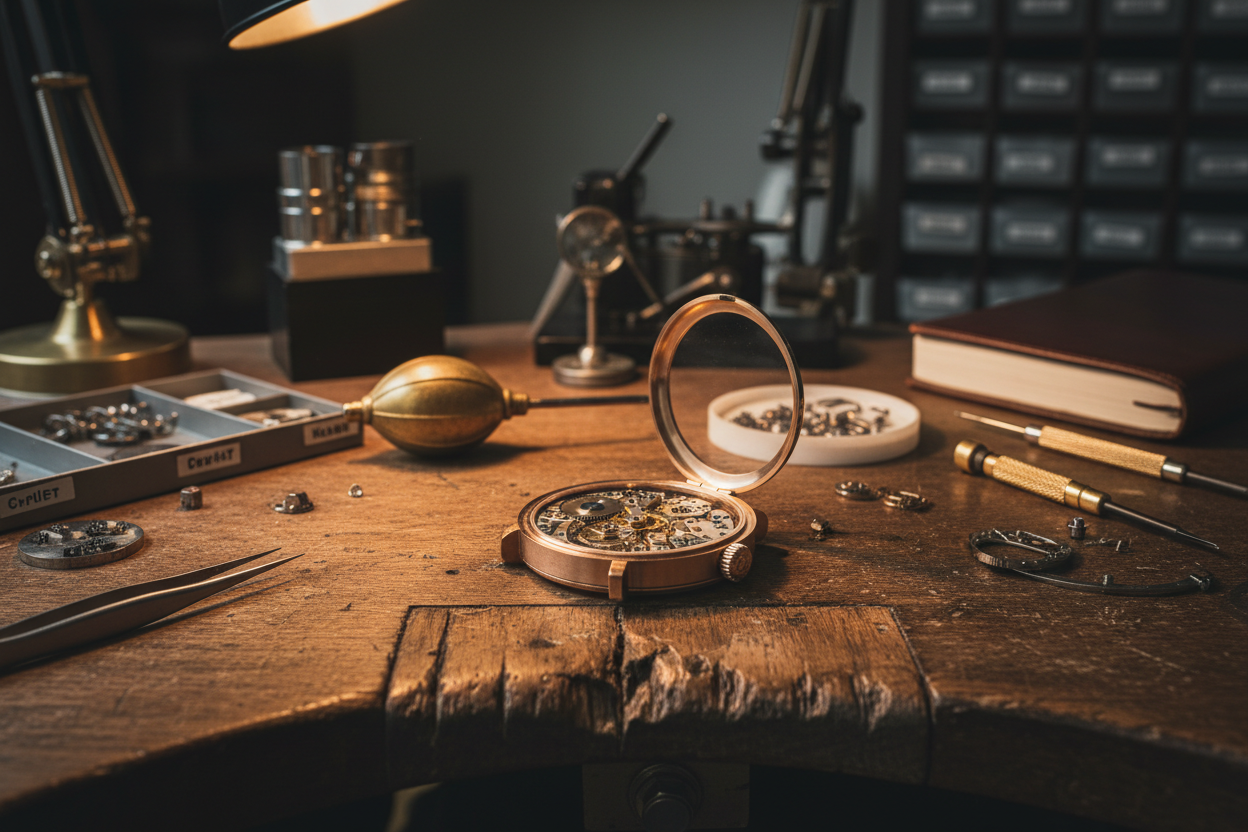 Relógio aberto em bancada de restauração