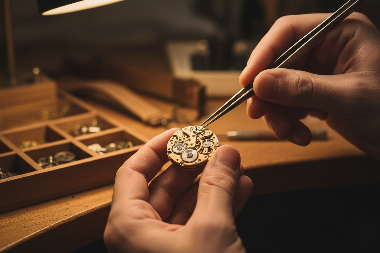 Watchmaker hands working on vintage watch mechanism